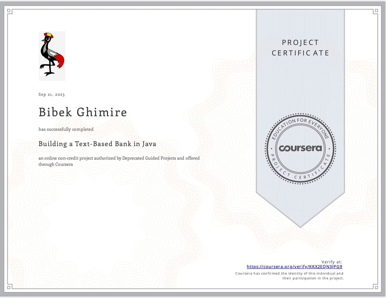 Java Development certificate issued by Coursera