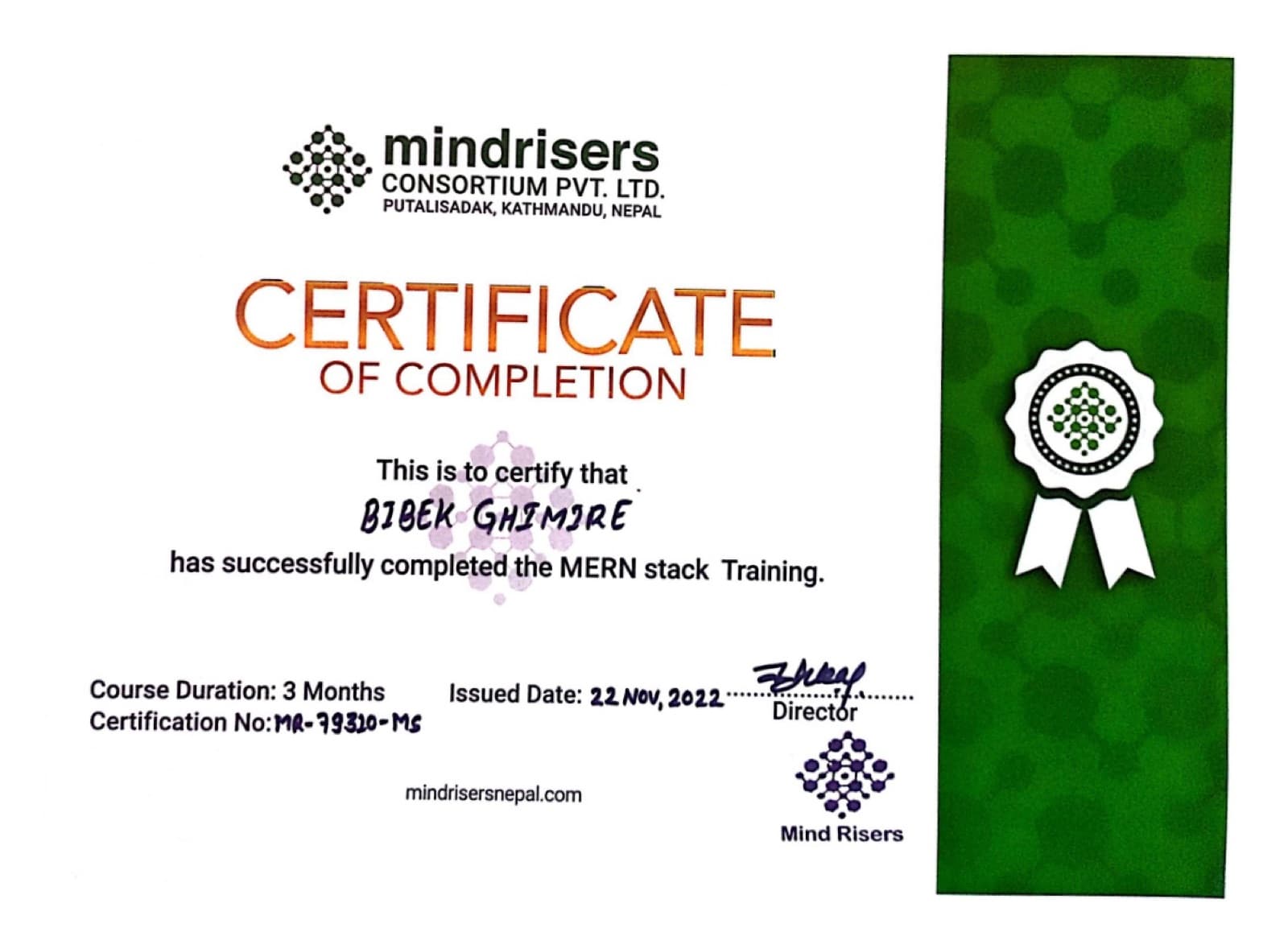 MERN Stack Training certificate issued by Mindrisers